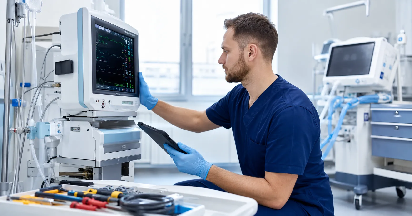 Biomedical engineer performing preventive maintenance on hospital medical equipment with service too