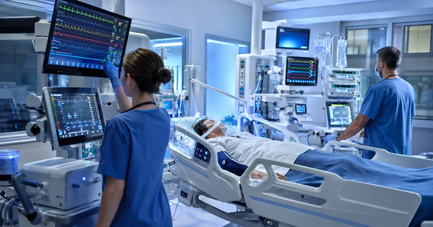 Critical care team using intelligent ICU equipment with patient monitors, ventilators, infusion pump