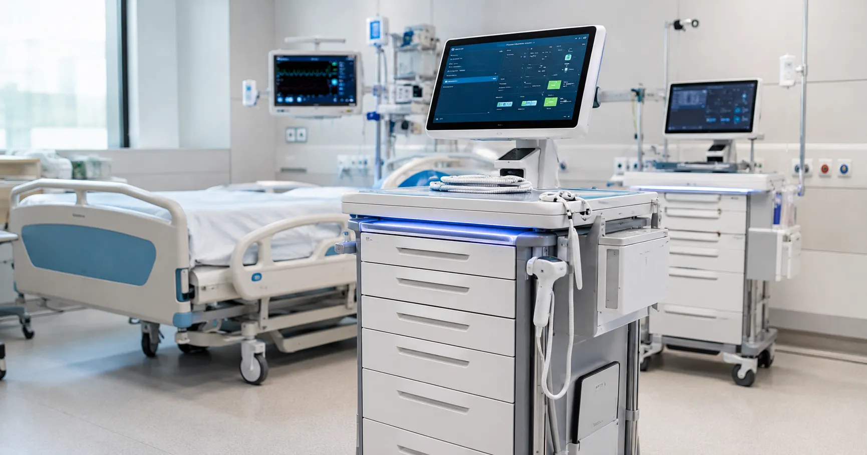 Hospital team using intelligent medical trolleys with secure storage drawers, mobile devices, chargi