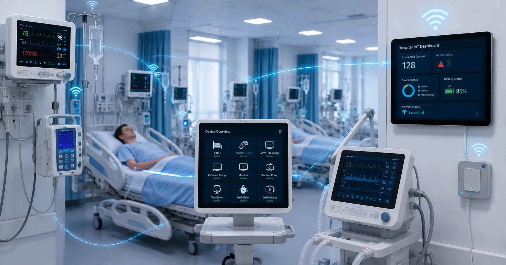 Healthcare team using automated hospital equipment with robotic systems, smart monitors, laboratory 
