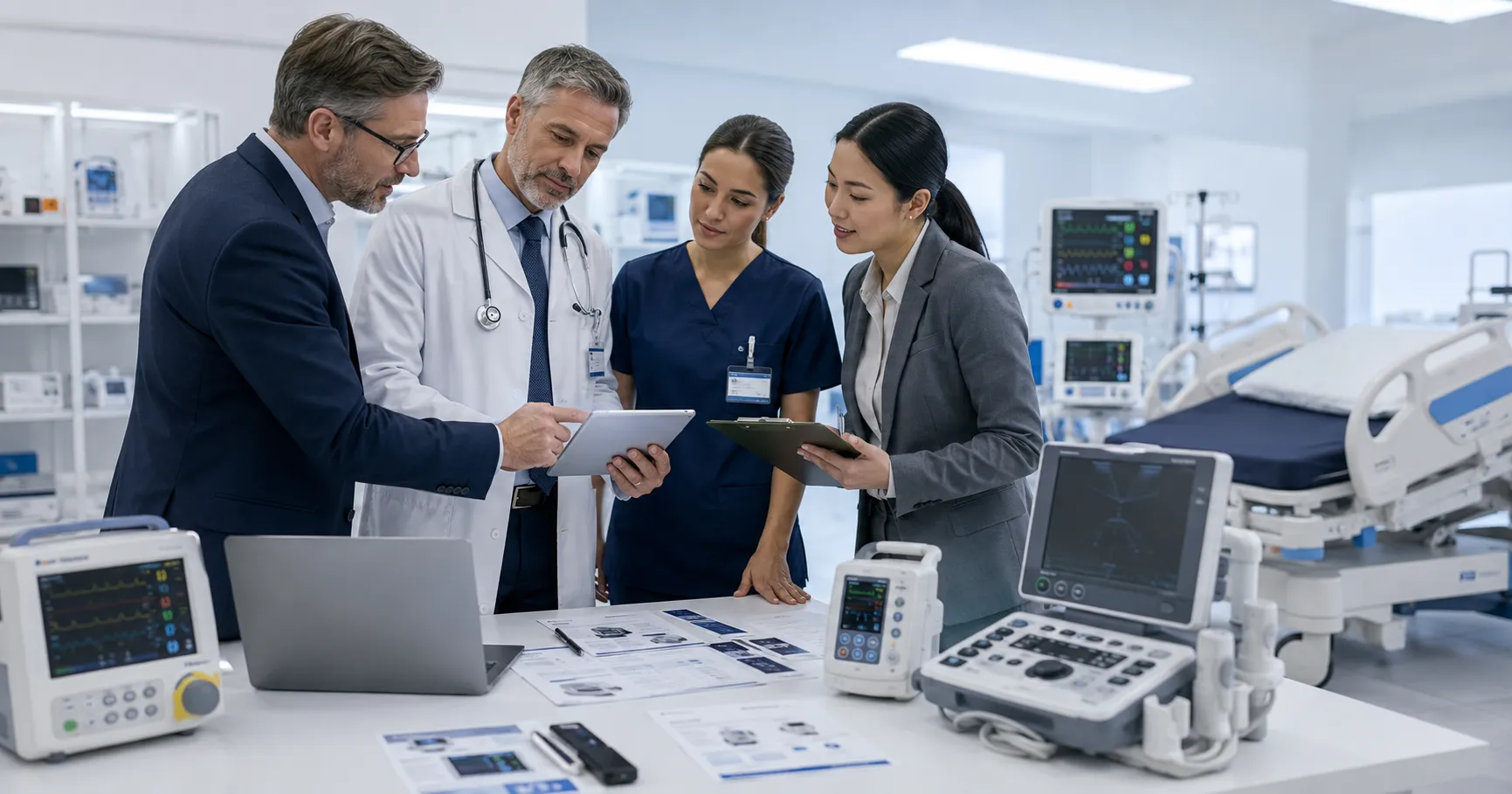 Healthcare buyers reviewing key factors before purchasing medical equipment with supplier documents,
