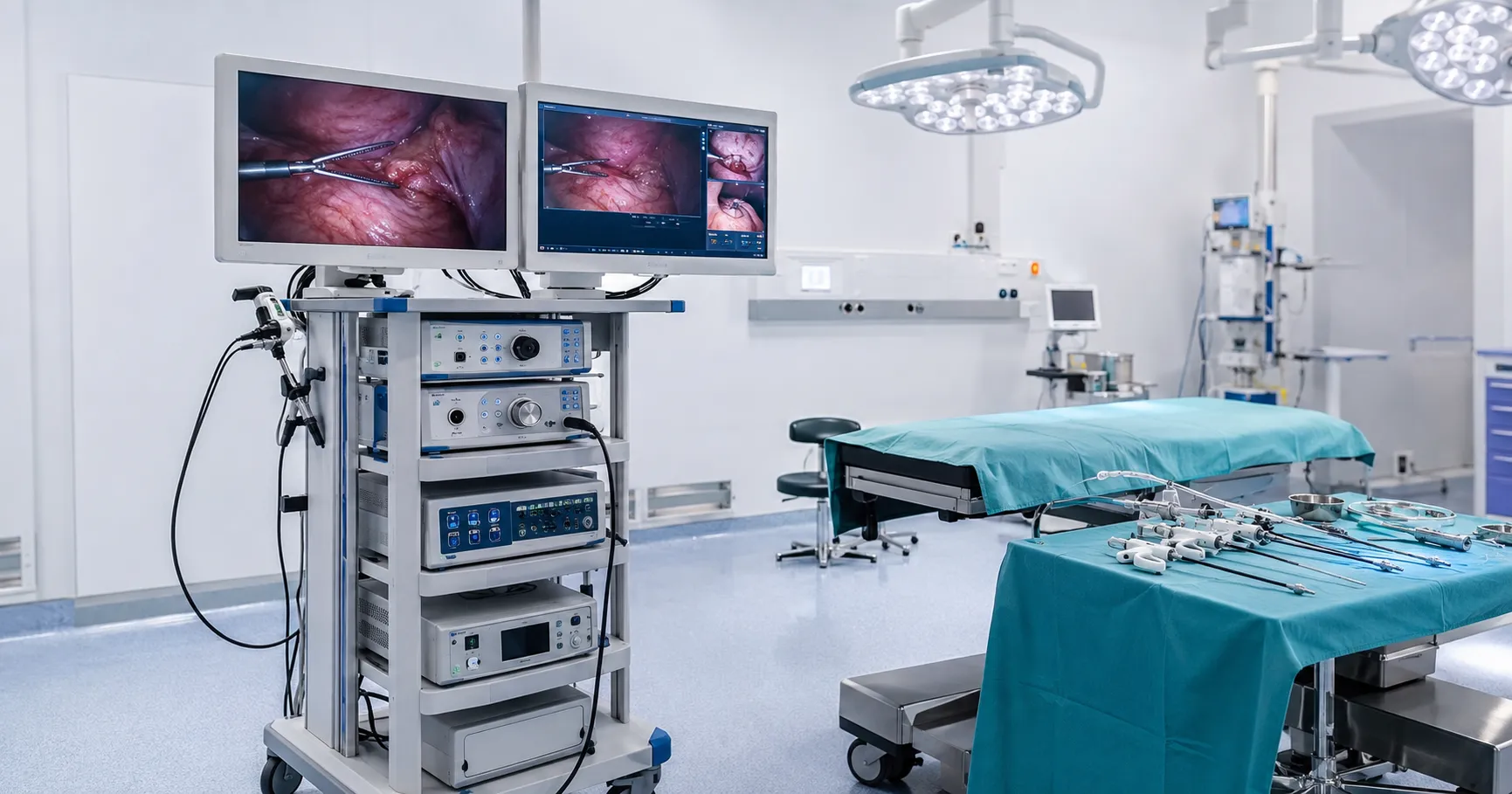 A fully assembled laparoscopic tower standing beside an operating table in a hospital theatre, showi
