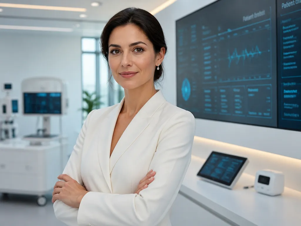 Professional woman standing in a modern office, representing MediGear’s global healthcare marketplace.