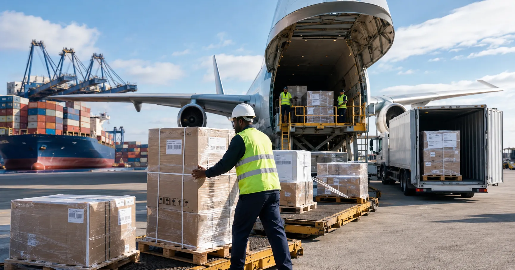 International delivery of medical equipment showing freight transport, customs clearance, warehouse 