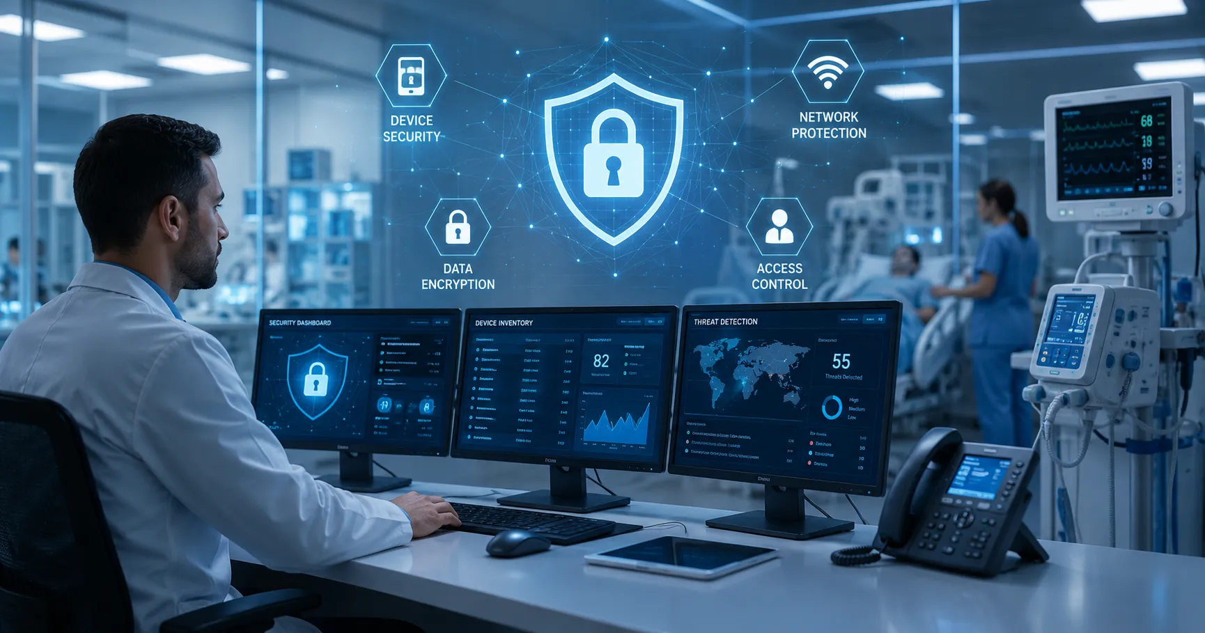 Hospital IT and biomedical team reviewing medical device cybersecurity with connected monitors, secu