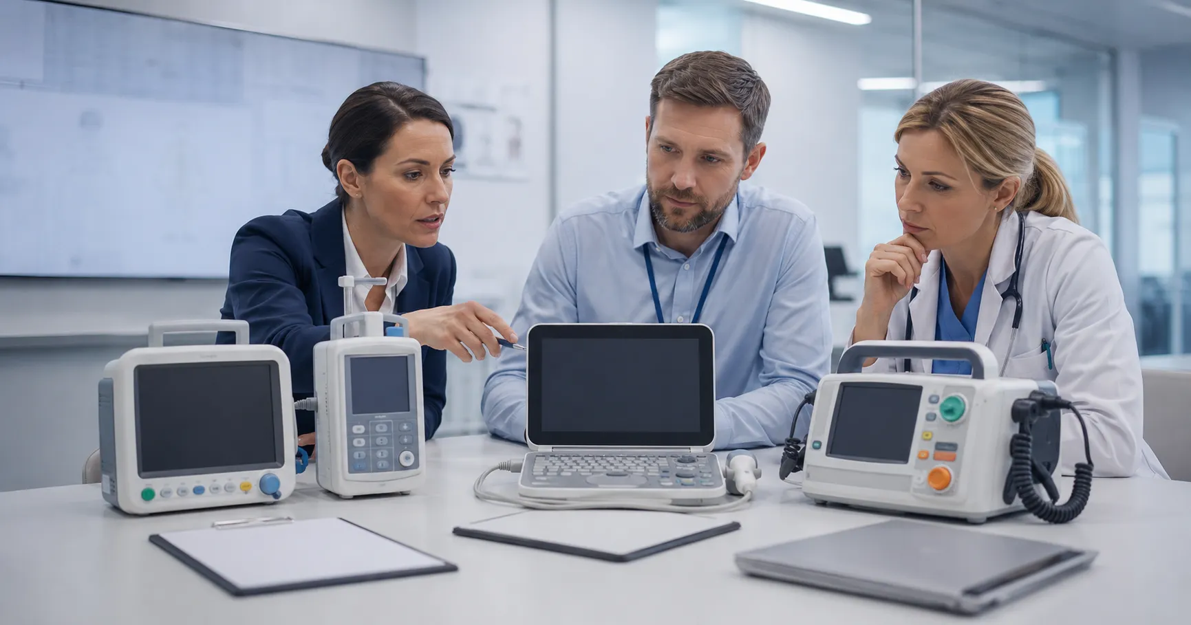 Medical device supplier selection meeting with healthcare procurement documents