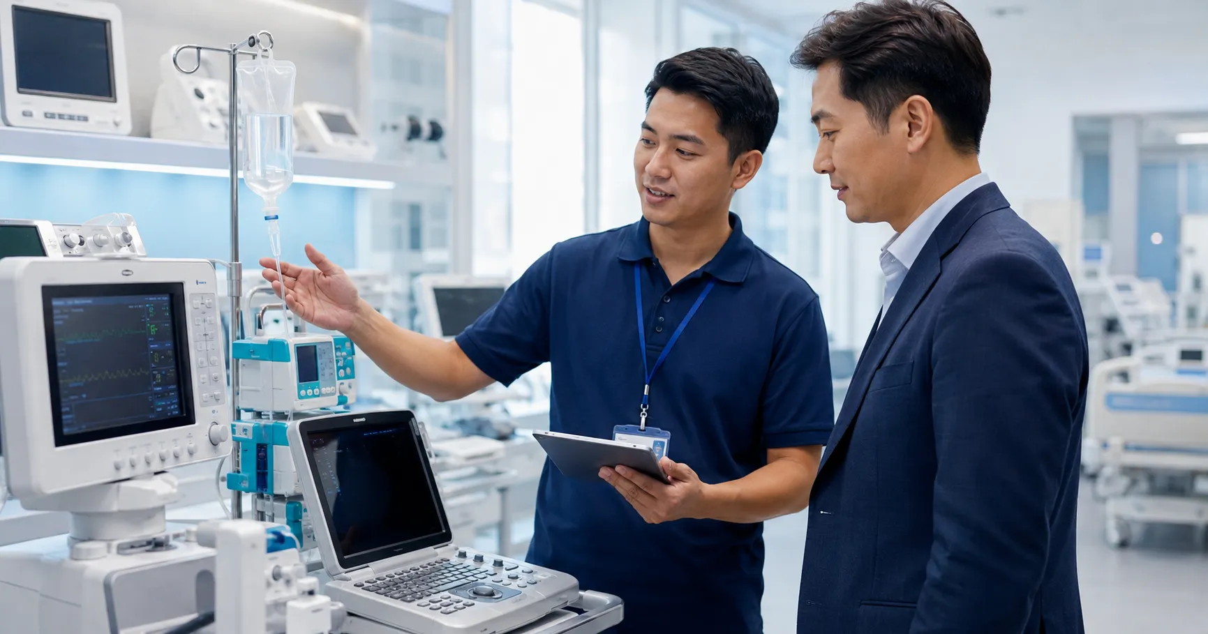 Medical equipment buyer reviewing after-sales service and warranty support