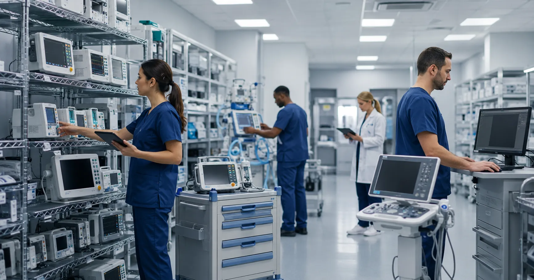 Healthcare operations team managing medical equipment assets with inventory records, service history