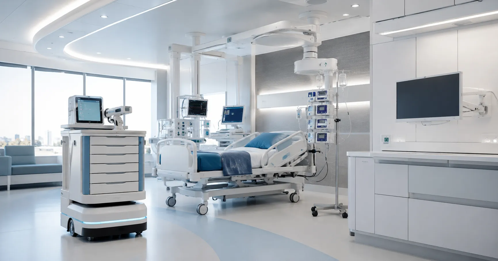 Hospital team using medical equipment automation with connected monitors, robotic workflow tools, sm