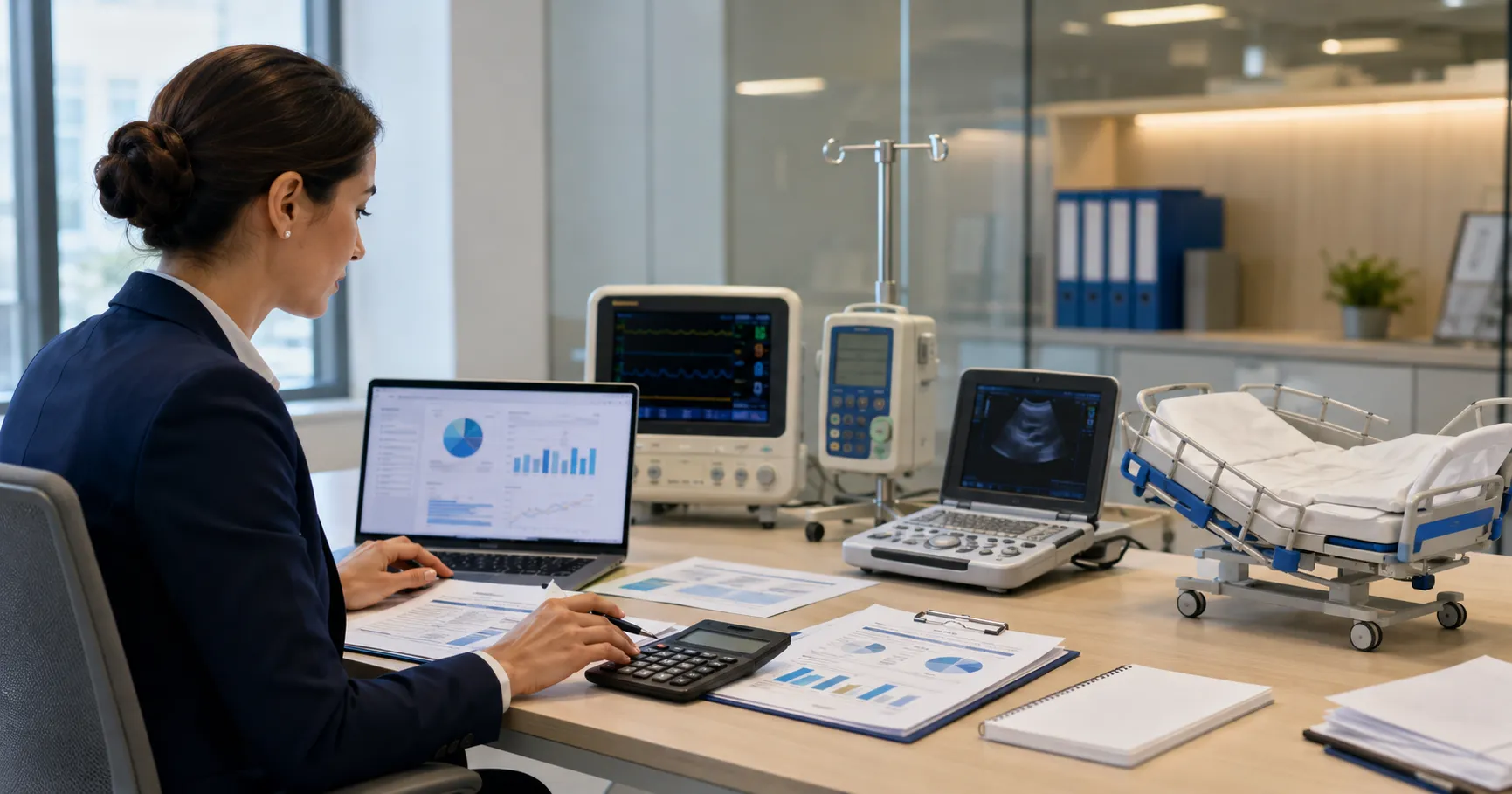 Medical equipment budget planning with procurement documents and clinical equipment