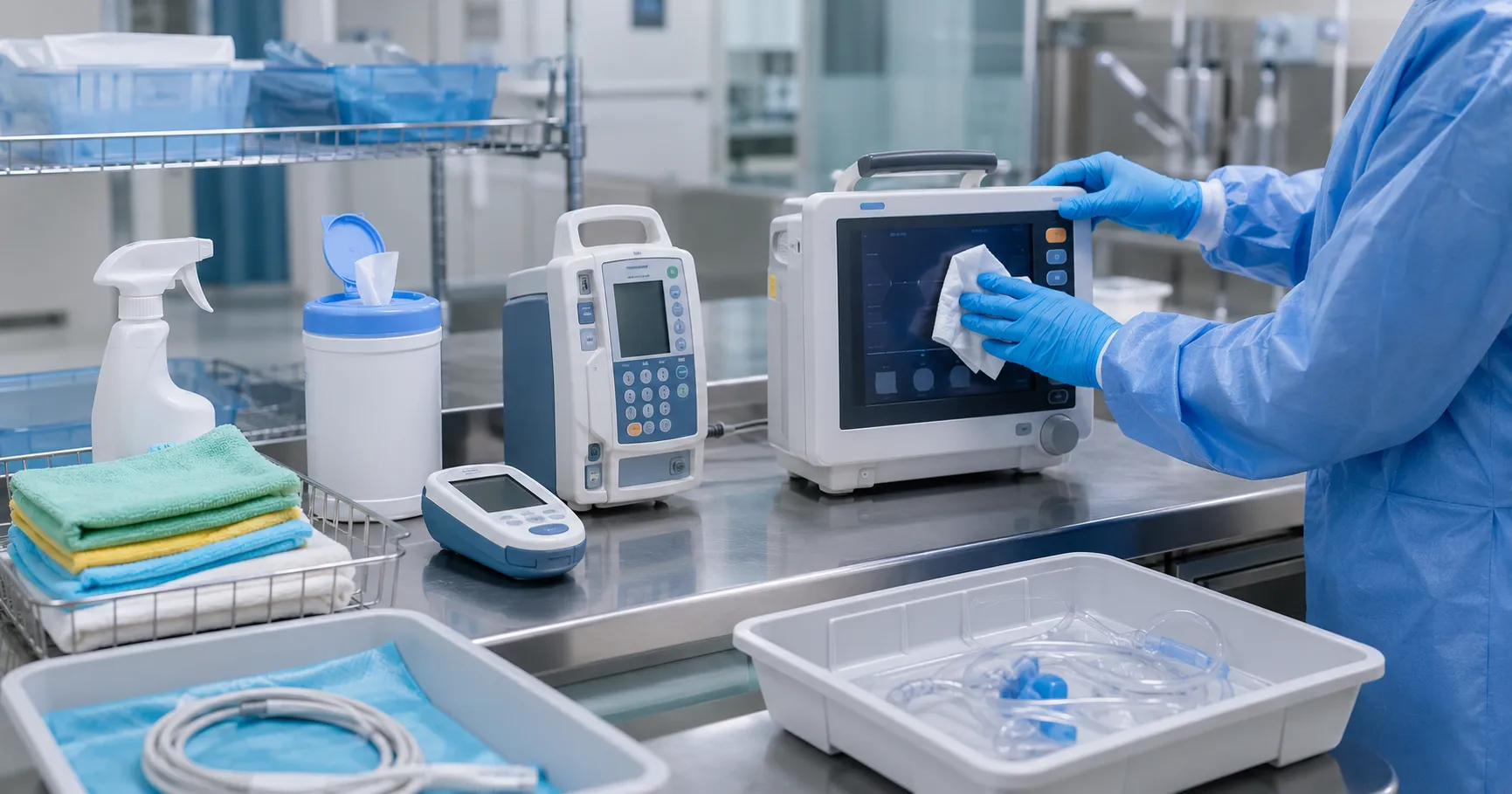 Medical equipment cleaning workflow managed by a hospital healthcare team