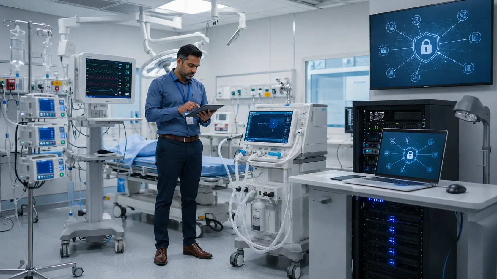 Hospital team reviewing cybersecurity requirements for connected medical equipment