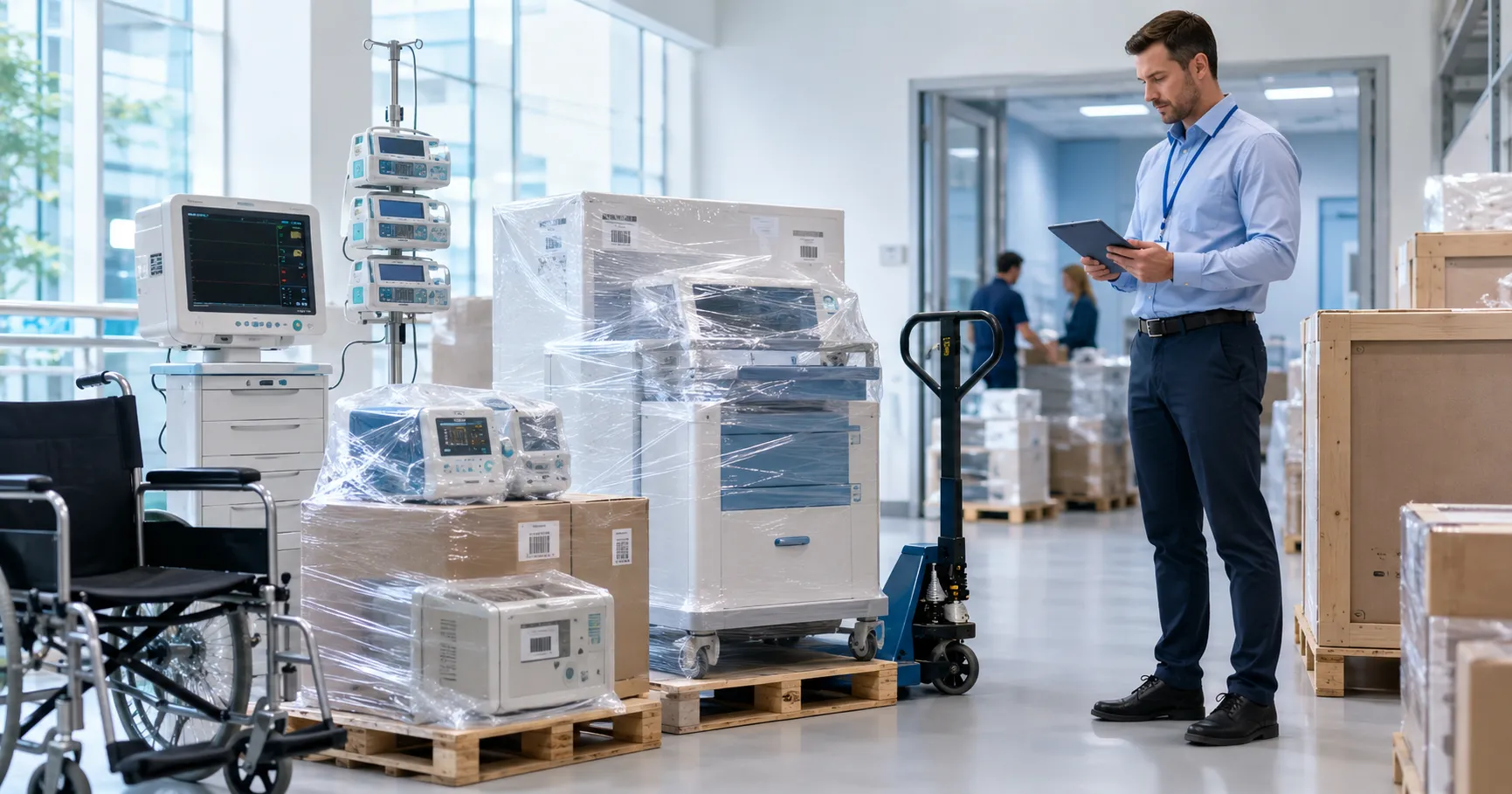 Healthcare logistics team receiving and inspecting delivered medical equipment