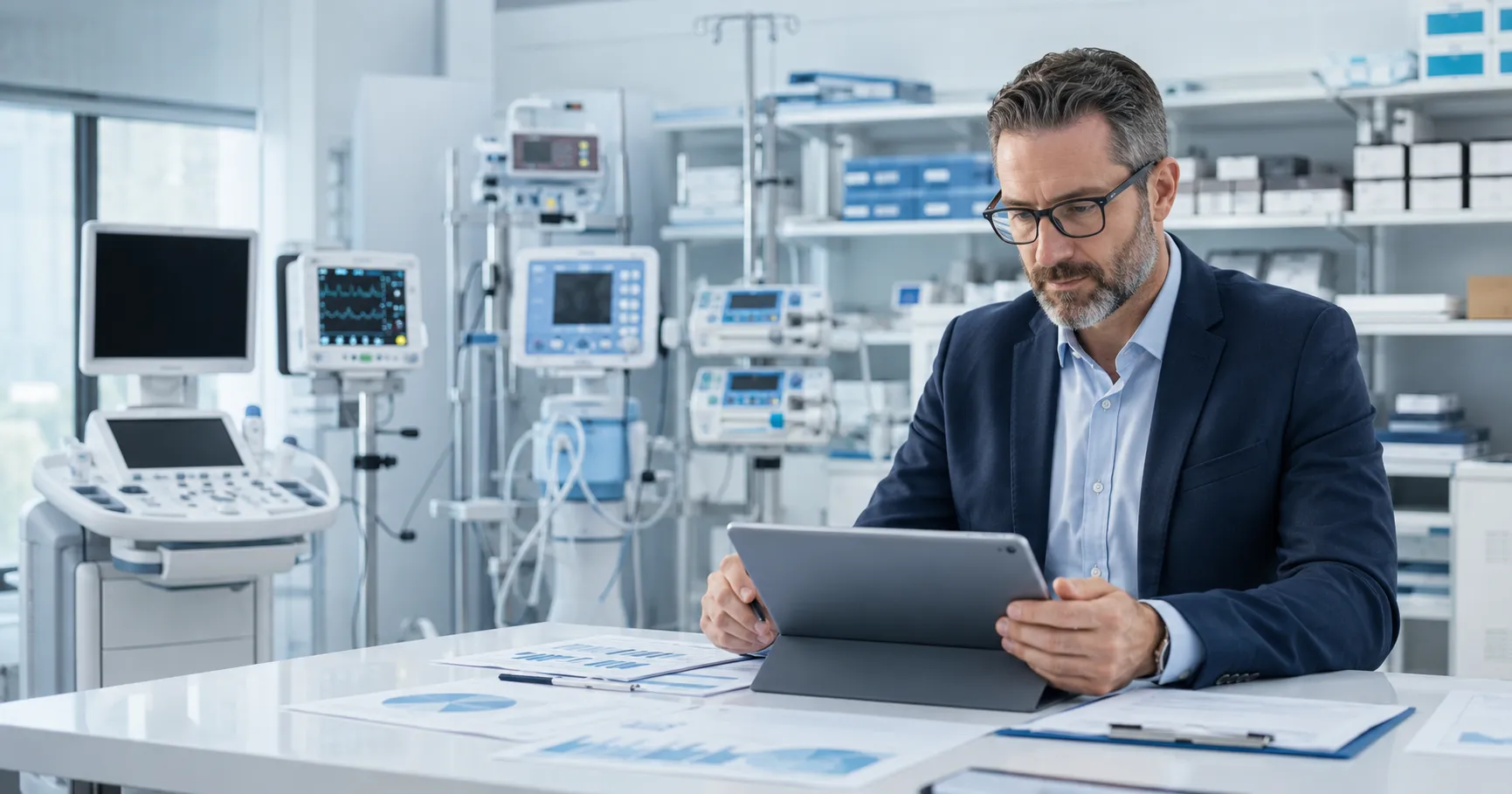 Healthcare managers reviewing medical equipment demand and capacity forecasts
