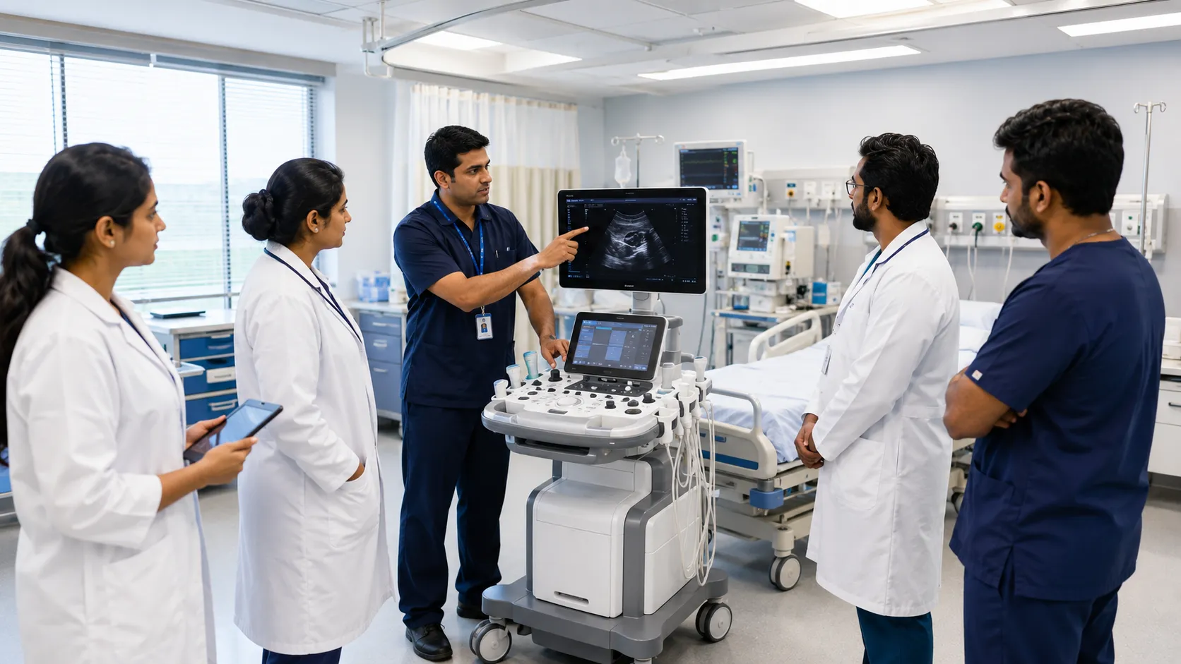 Hospital team evaluating medical equipment during a supplier demonstration