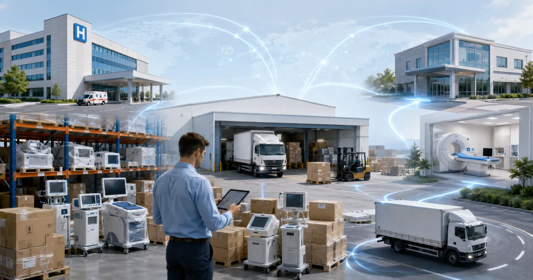 Global medical equipment distribution network connecting manufacturers, distributors, warehouses, lo
