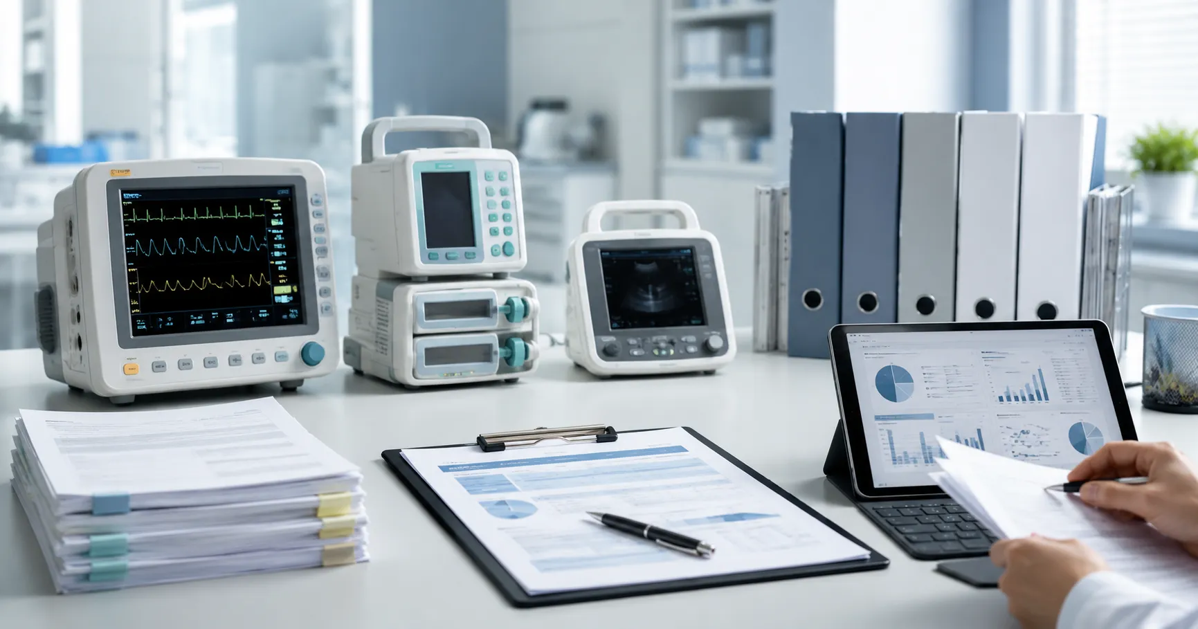 Healthcare team reviewing medical equipment documents and digital asset records