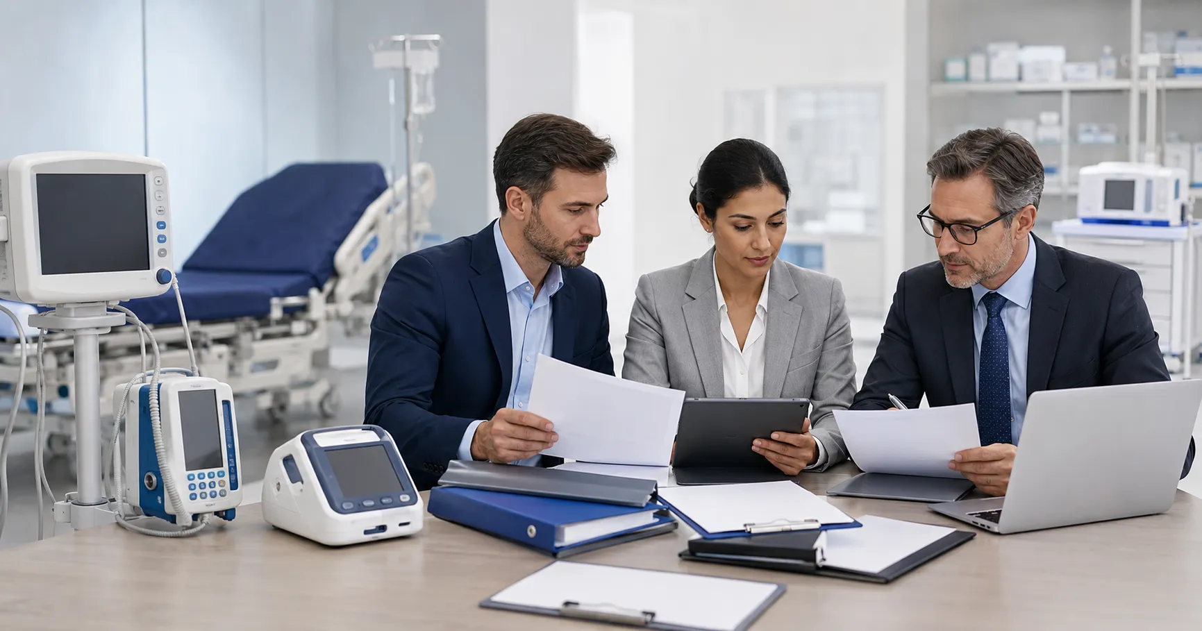 Medical equipment documentation reviewed by hospital procurement team