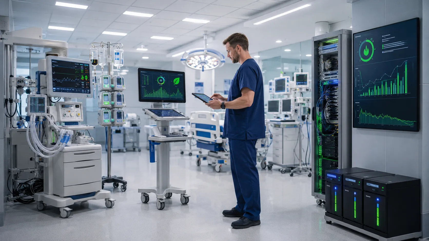 Hospital team reviewing energy use and power requirements for medical equipment