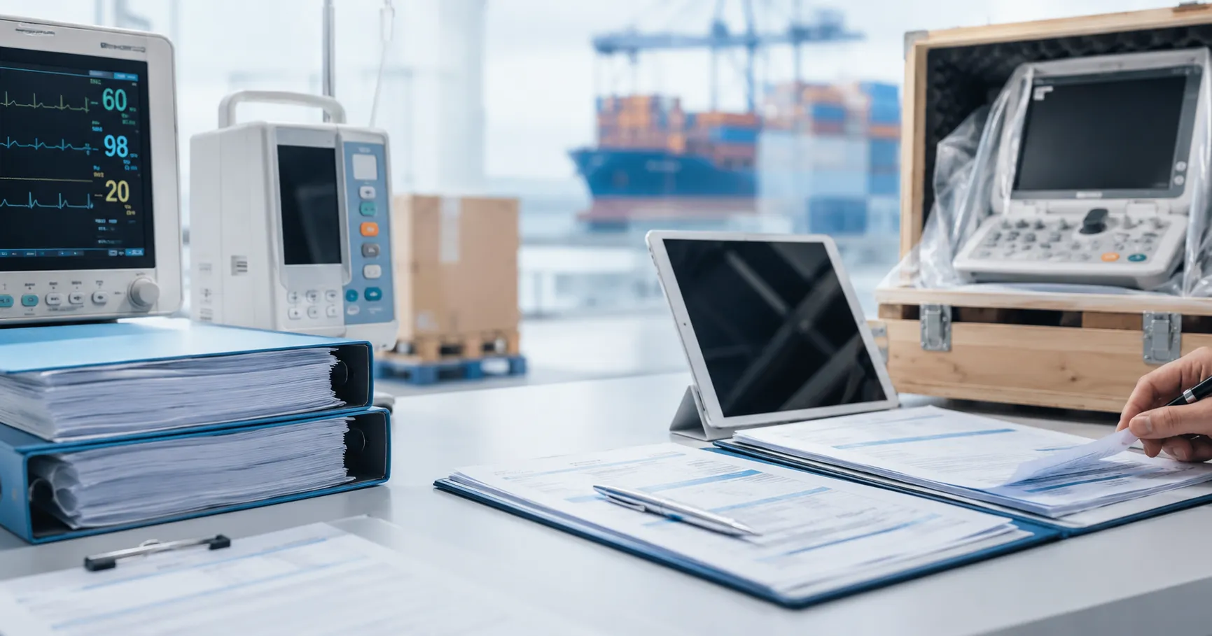 Healthcare buyer reviewing medical equipment import and shipping documents