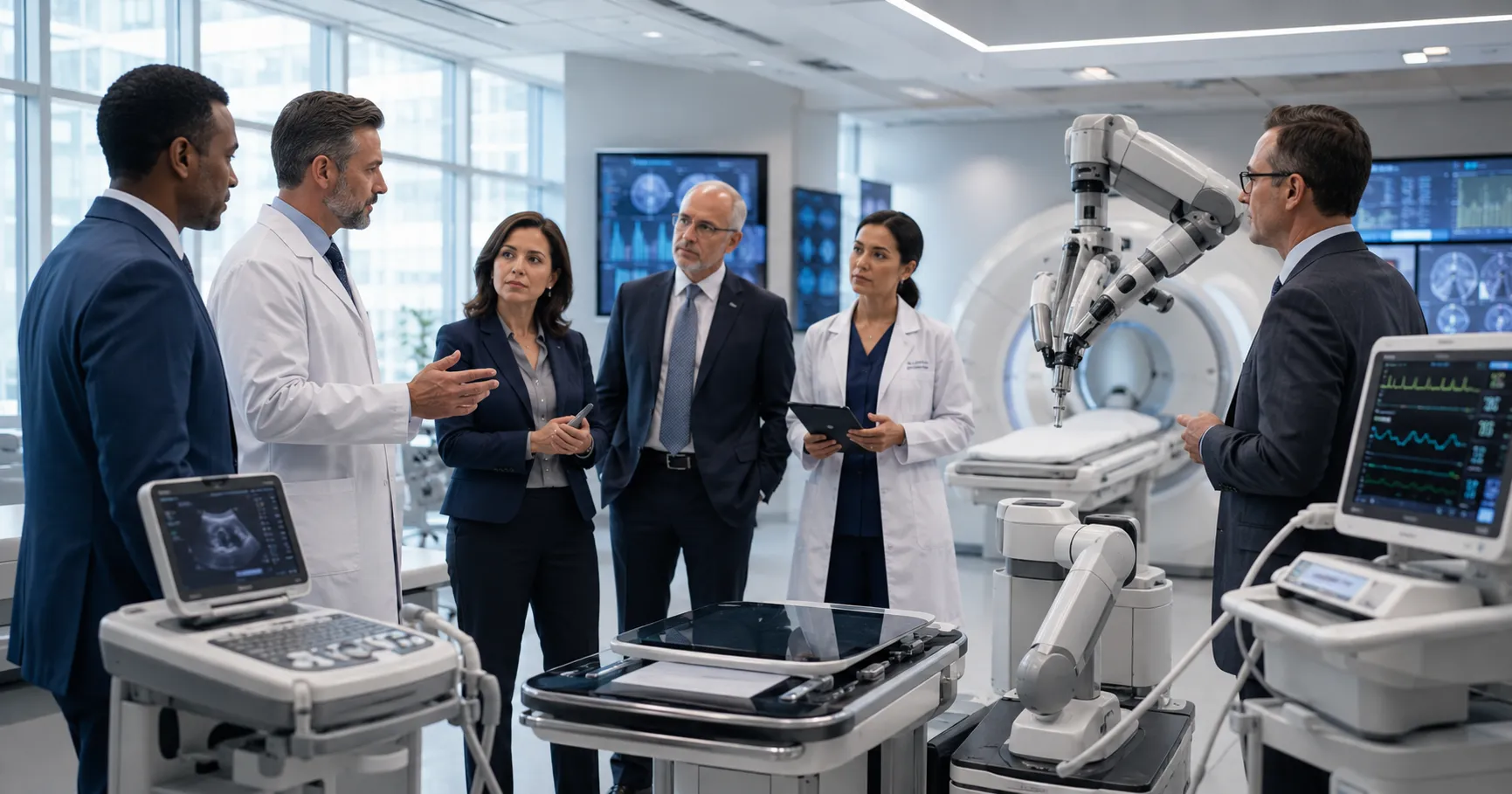 Healthcare leaders reviewing medical equipment innovations with smart devices, digital monitors, AI 