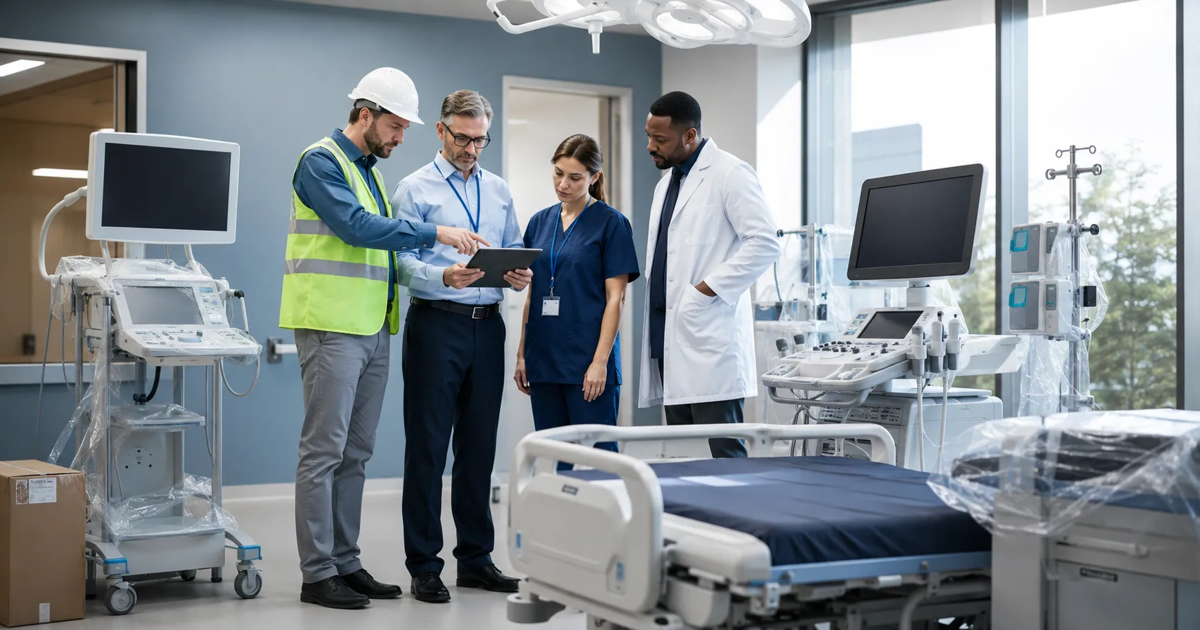 Healthcare team planning medical equipment installation and site readiness