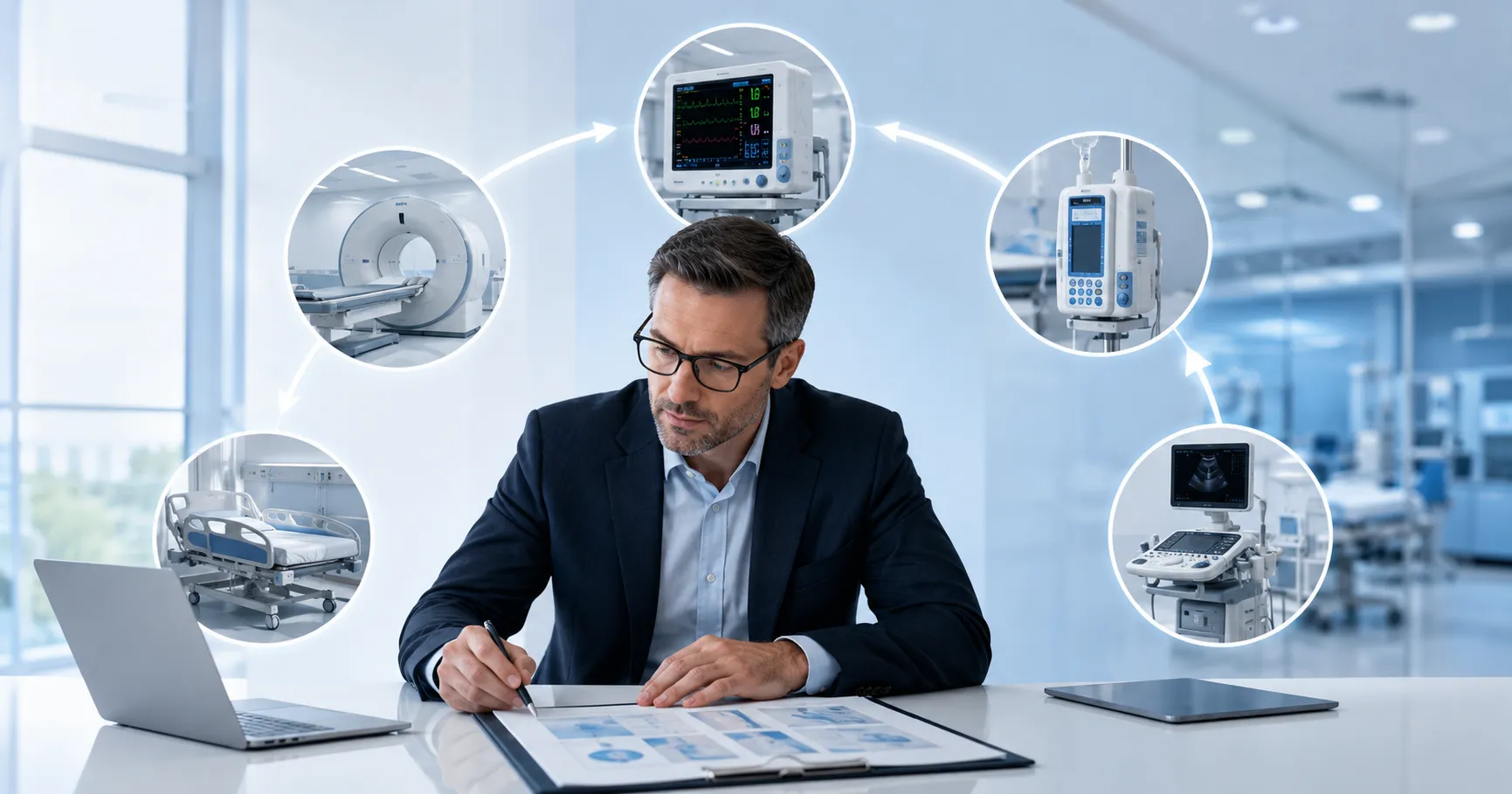 Healthcare managers reviewing medical equipment lifecycle and asset records