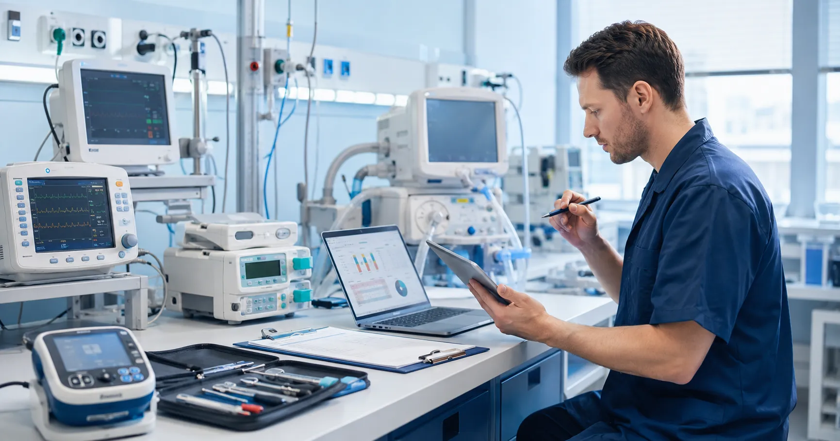 Hospital biomedical engineers reviewing medical equipment maintenance schedules