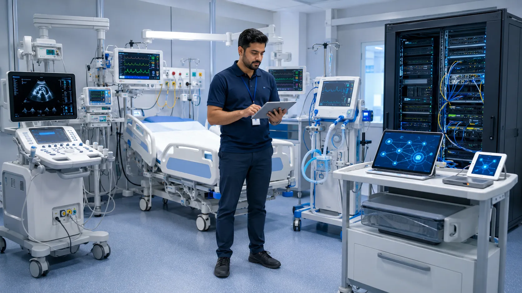Hospital team reviewing network readiness for connected medical equipment