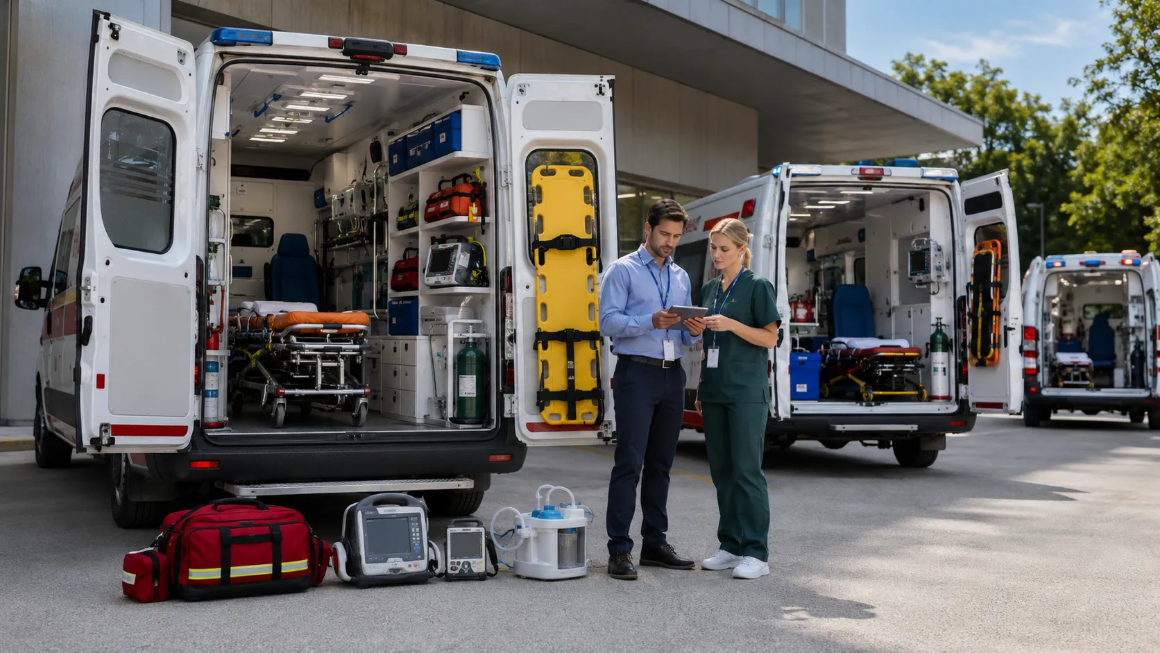 Hospital emergency team reviewing medical equipment for an ambulance fleet