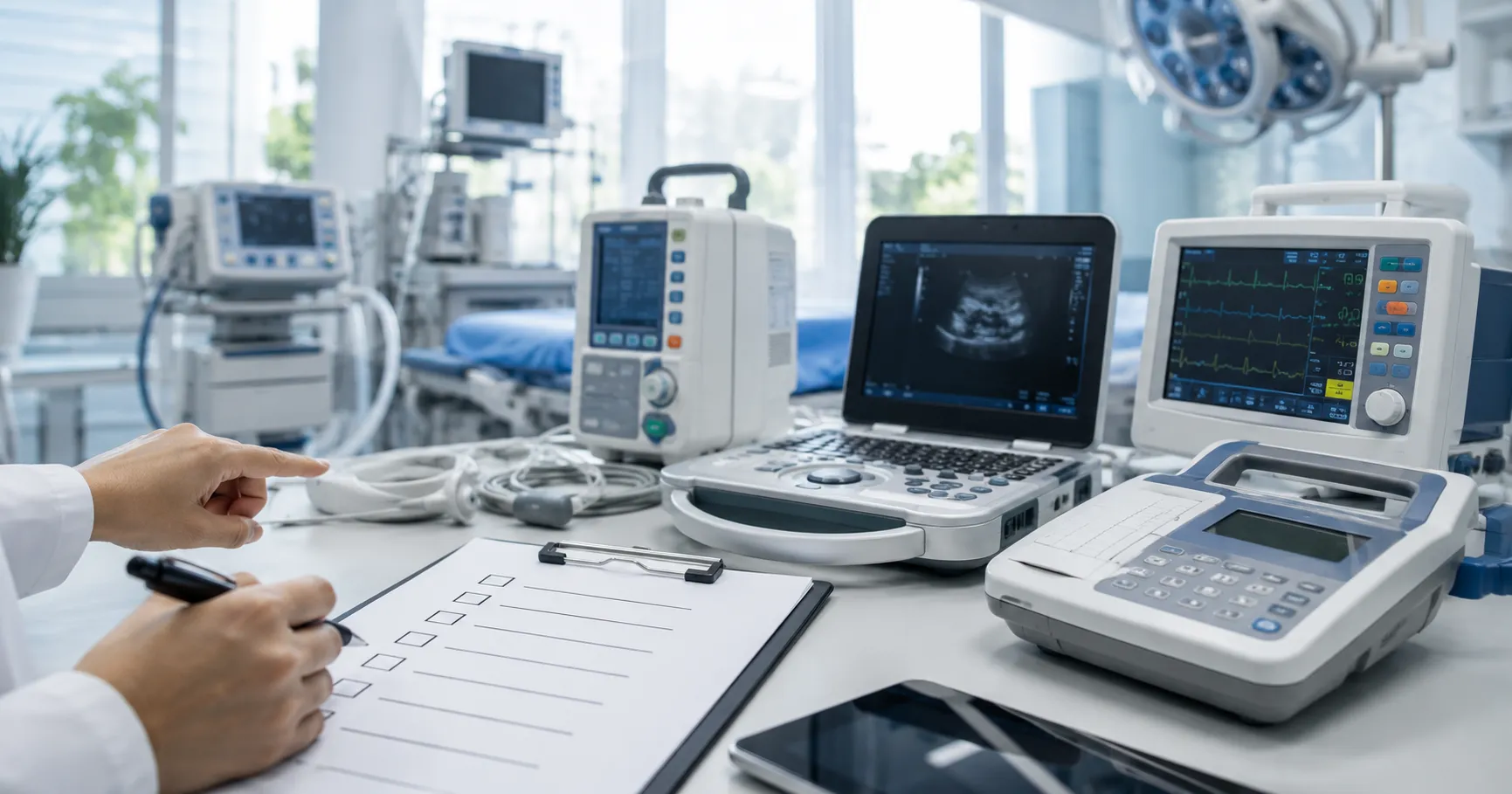 Hospital buyer reviewing a medical equipment procurement checklist