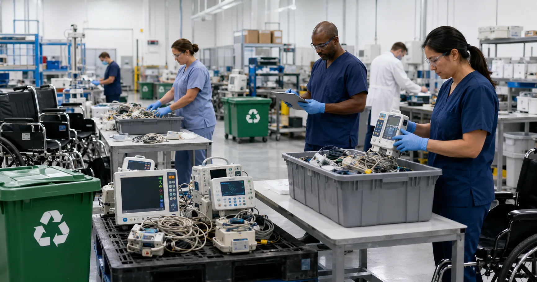 Healthcare sustainability team managing a medical equipment recycling program with old devices, repa