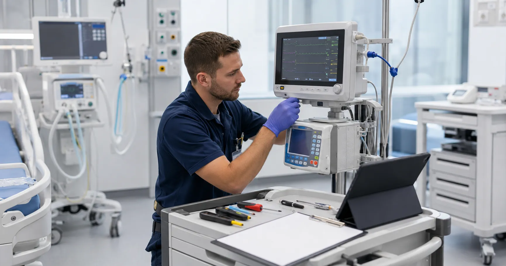 Medical equipment service response assessment by hospital procurement and engineering teams