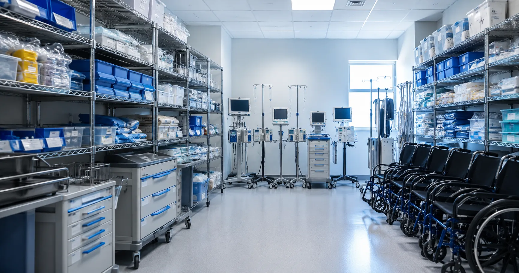 Healthcare team reviewing an organised medical equipment storage area