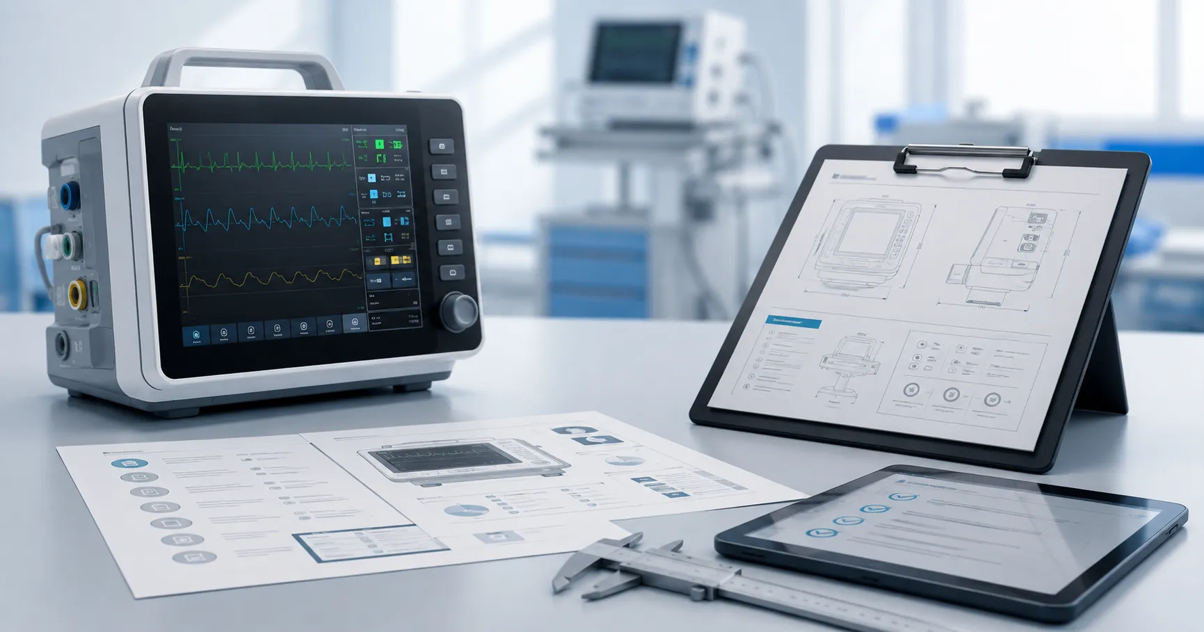 Medical buyer reviewing technical specifications for hospital equipment