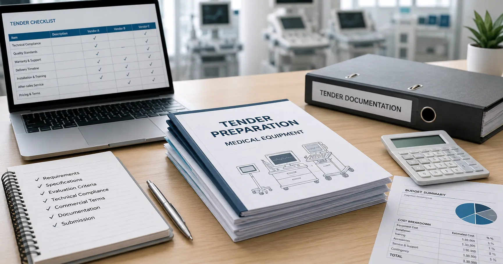 Medical equipment tender preparation with technical documents and supplier bids