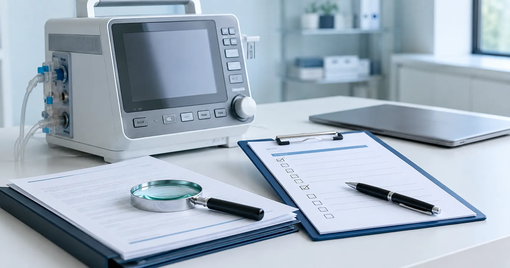 Healthcare buyers reviewing medical equipment warranty documents and service terms