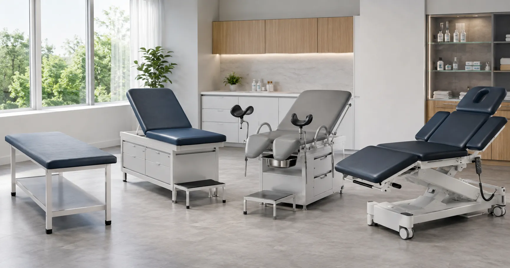 Modern medical examination tables in a healthcare facility showing adjustable clinical configuration