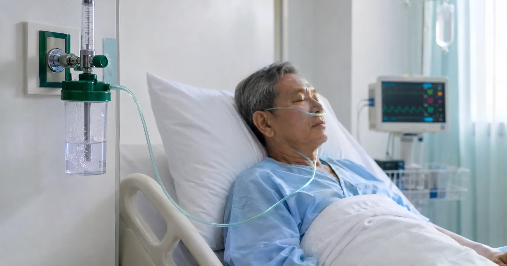 Medical oxygen humidifier bottle connected to an oxygen flowmeter in a hospital ward