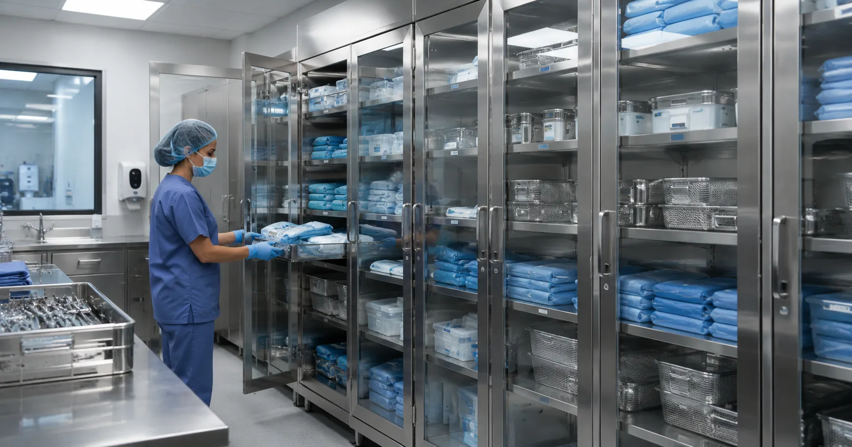Medical instrument cabinet storing surgical tools in a hospital OR for sterile, organized, and safe 