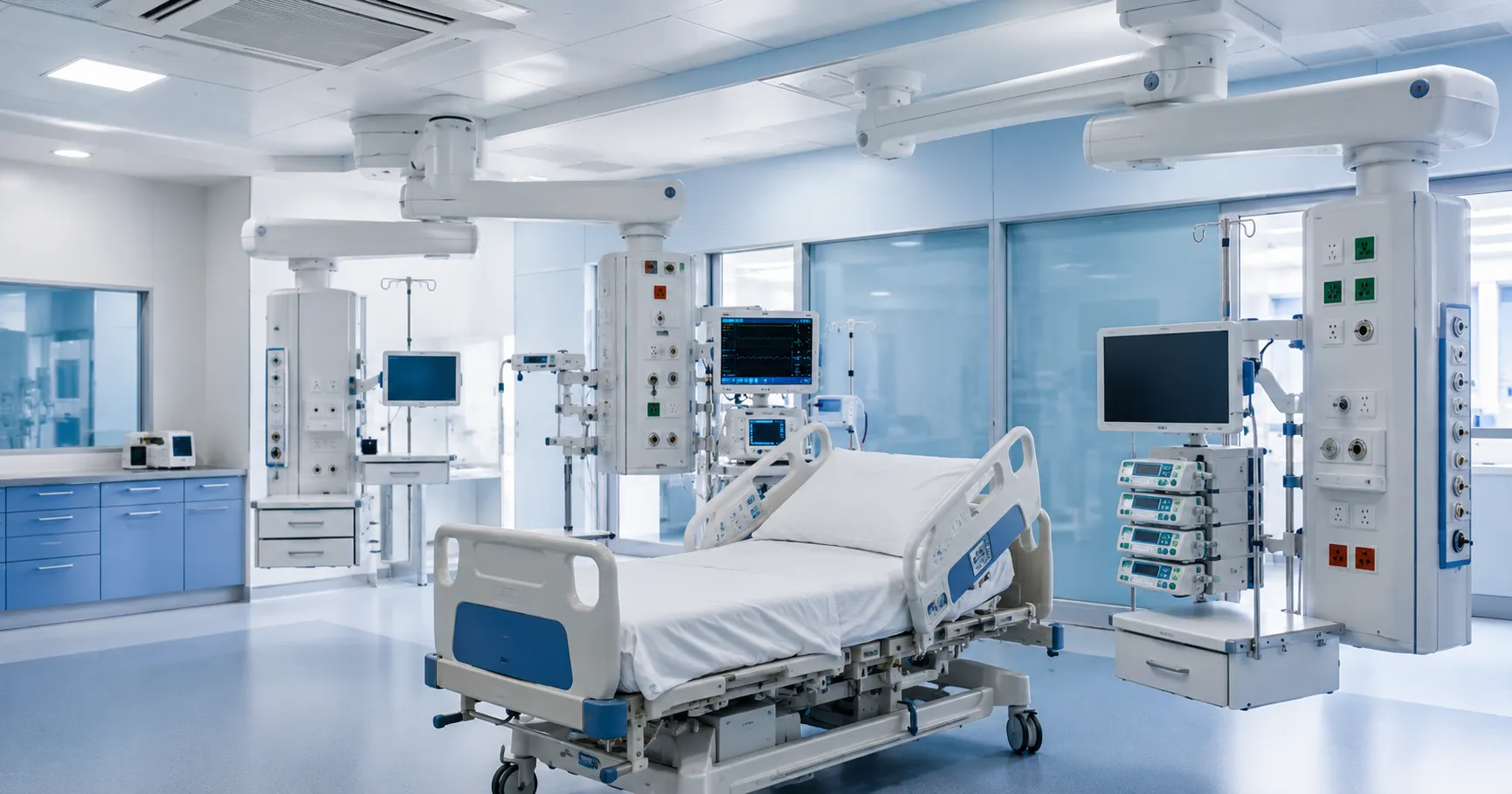 Modern medical pendant system installed in a critical care unit, supporting medical gas supply, powe