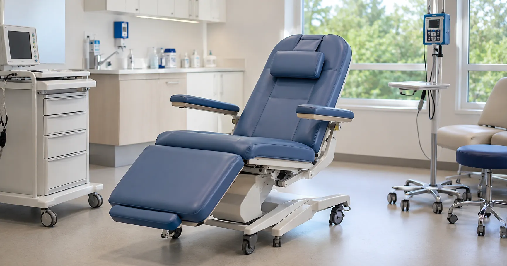 Adjustable medical procedure chair in a clean outpatient treatment room