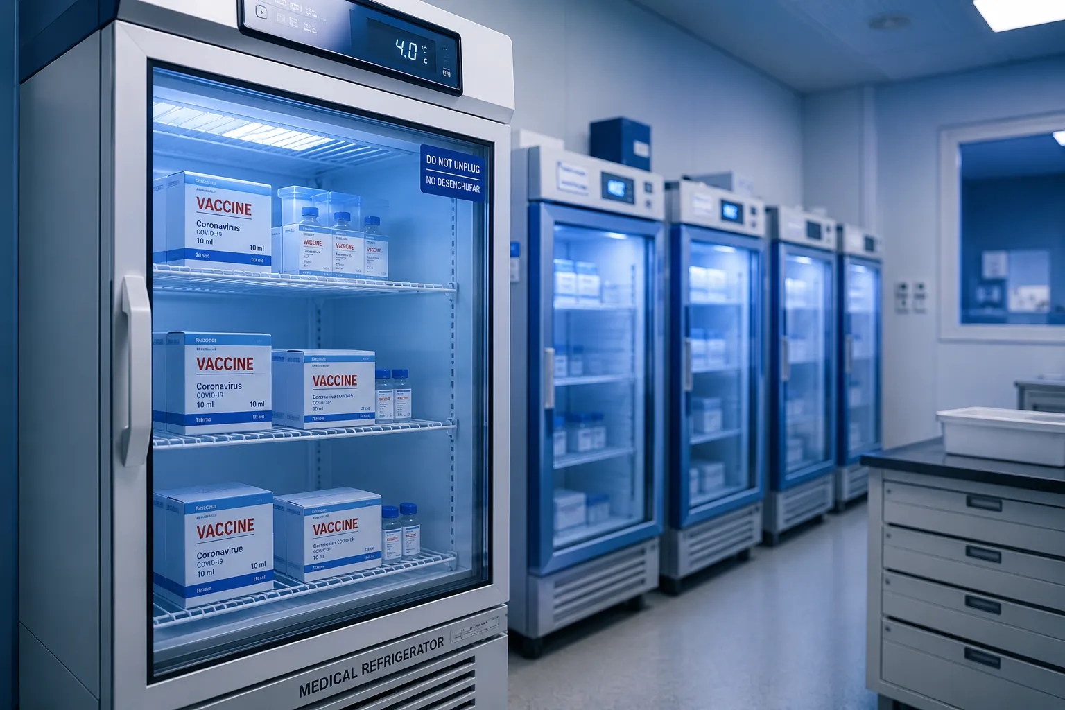 Medical refrigerator storing vaccines and biological samples at controlled temperatures in a hospita
