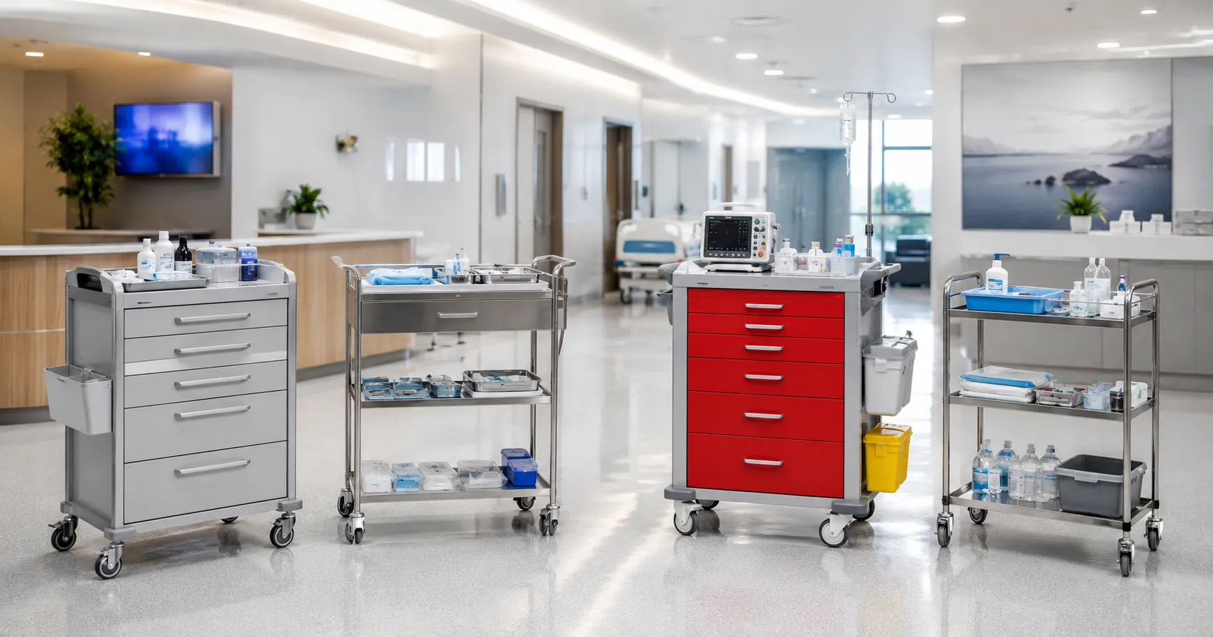 Medical trolley used in hospitals and clinics for safe and organized transport of equipment, medicat