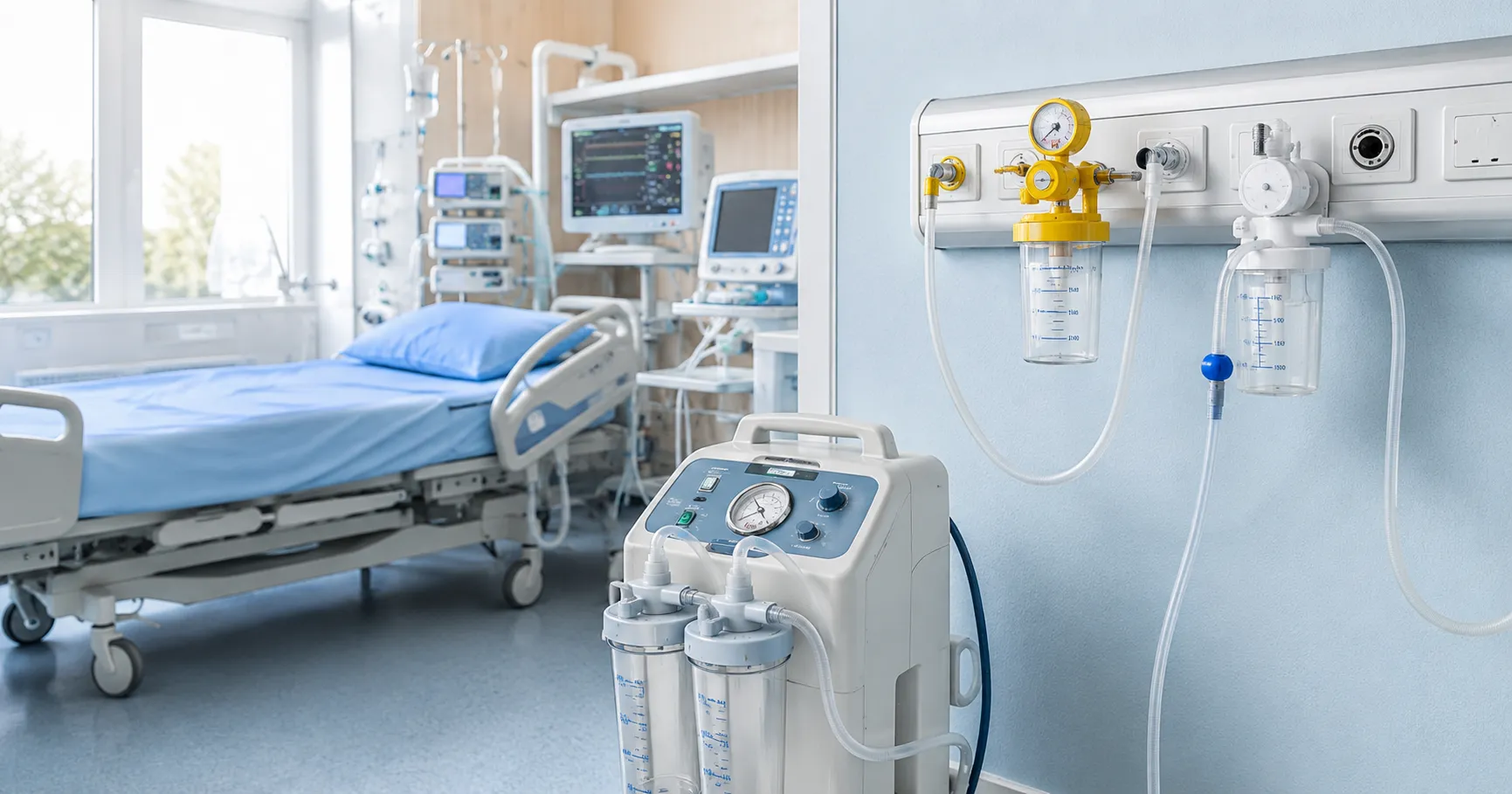 Medical vacuum system in a hospital OR efficiently removing fluids and gases to maintain a safe surg