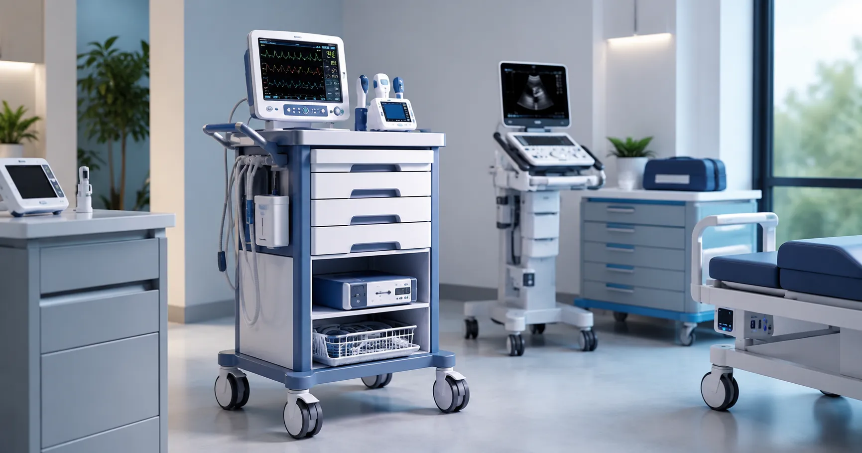 Healthcare team using mobile healthcare equipment with portable monitors, diagnostic devices, mobile