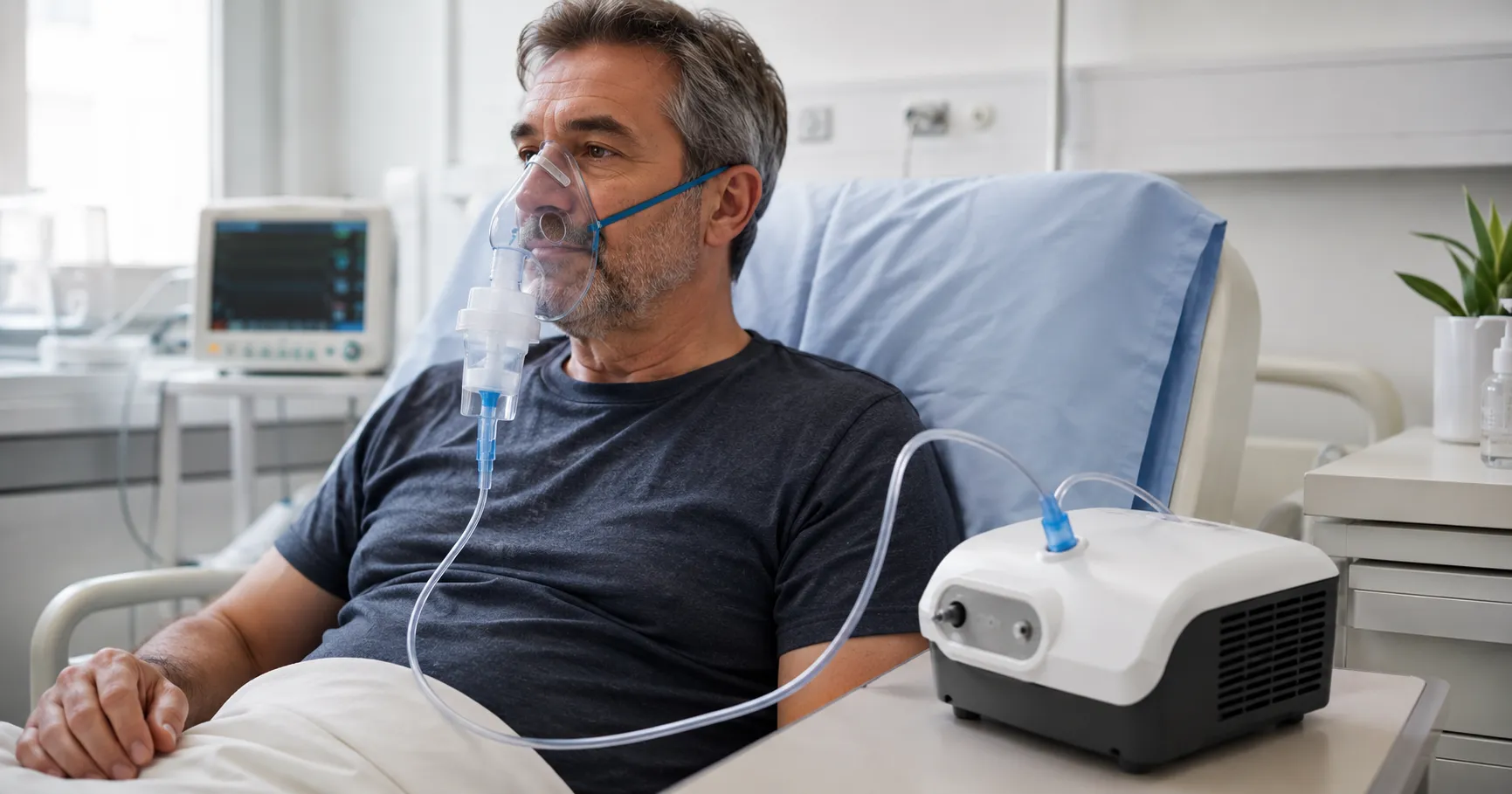 Medical nebuliser machine with mask, tubing, and medication cup in a clean clinical room