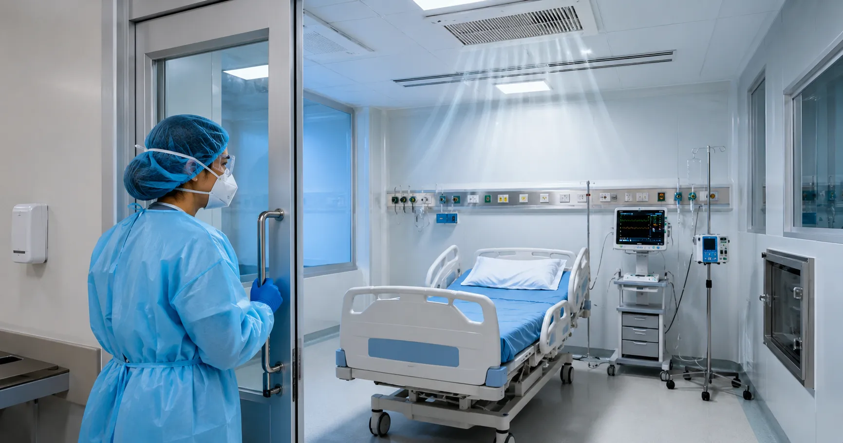 Negative pressure isolation room with airflow monitoring in a clean hospital ward