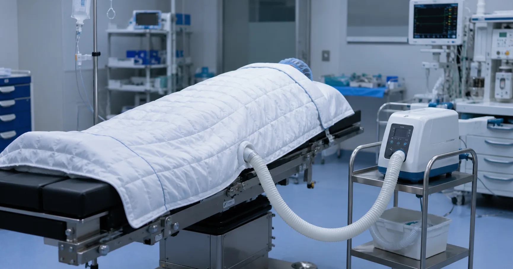 Modern patient warming system used in an operating room to maintain body temperature and prevent hyp