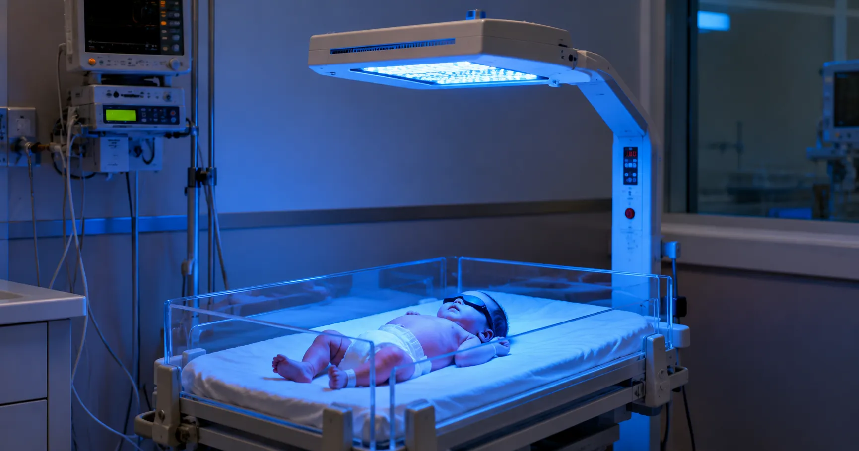 Phototherapy unit used in NICU to treat newborn jaundice safely.